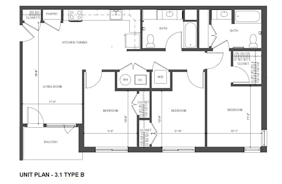 Floor Plan  A black and white image of a unit plan for a 3 bedroom apartment.