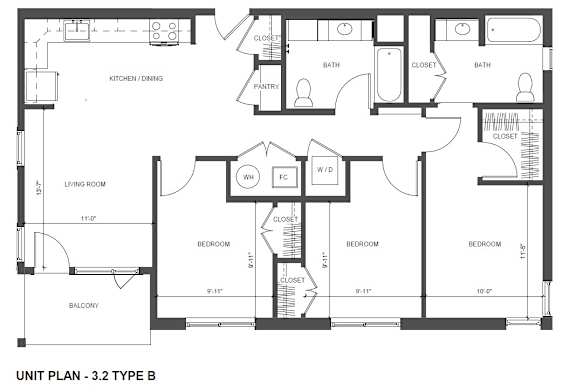 Floor Plan  A black and white image of a floor plan for a 3-2 type B unit.