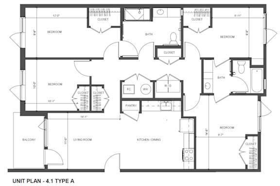 Floor Plan  A black and white image of a floor plan for a 4.1 type A unit.