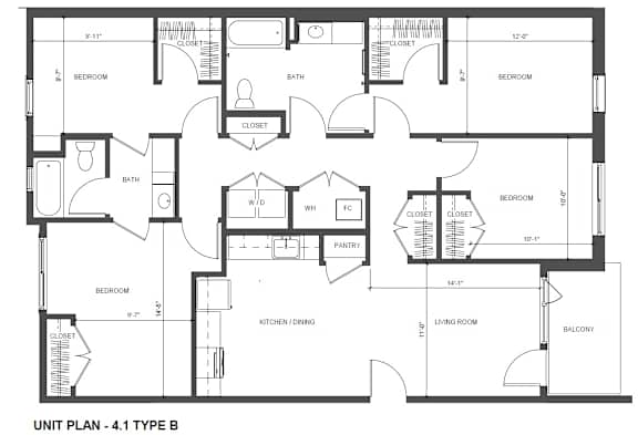 Floor Plan  A black and white image of a floor plan for a 4-1 type B unit.