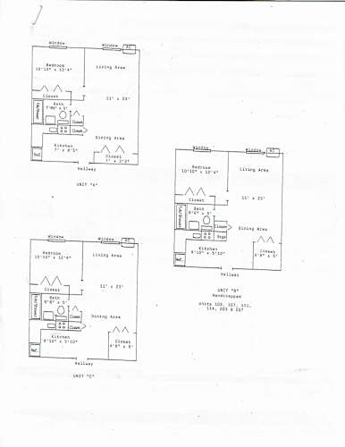 Floor Plan  Four floor plans for a house with living, dining, and kitchen areas.