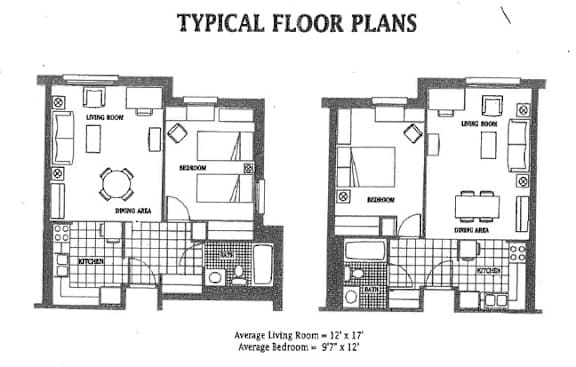 Floor Plan  Two floor plans for a house with living rooms, bedrooms, and kitchens.