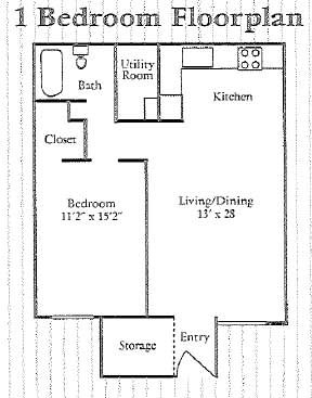 Floor Plan  A black and white image of a 1 bedroom floor plan.