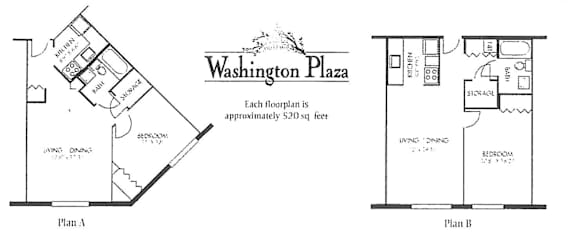 Floor Plan  Two floor plans for a building named Washington Plaza are shown, with each floorplan being approximately 520 sq ft.