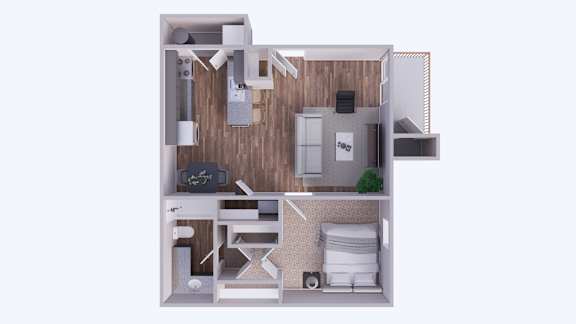 Floor Plan  A 3D rendered image of a small apartment layout.