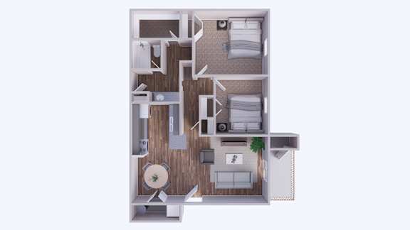 Floor Plan  A top-down view of a small apartment with a kitchen, living room, and bathroom.