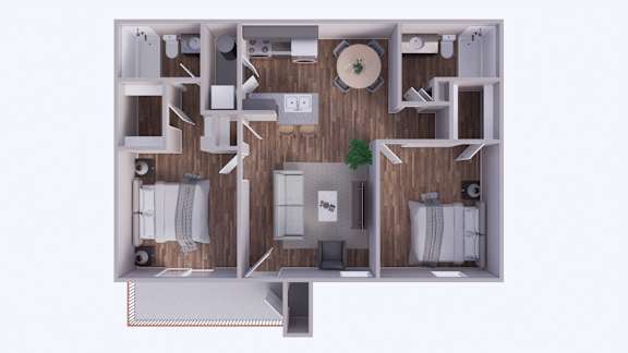 Floor Plan  A 3D floor plan of a small apartment with a kitchen, living room, and bathroom.
