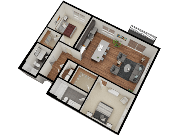 Floor Plan  A detailed 3D floor plan of a house layout.