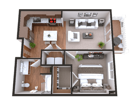 Floor Plan  A detailed 3D floor plan of a two-bedroom apartment.