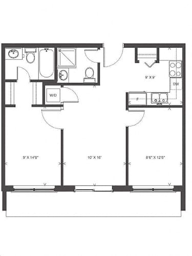 Floor Plan  A floor plan of a small apartment with a living room, kitchen, and two bedrooms.