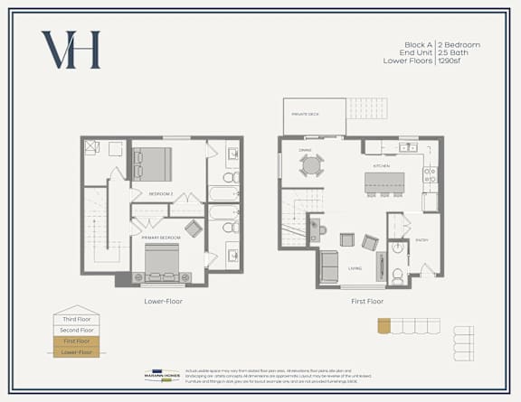 Floor Plan  A floor plan of a home with two bedrooms and two bathrooms.