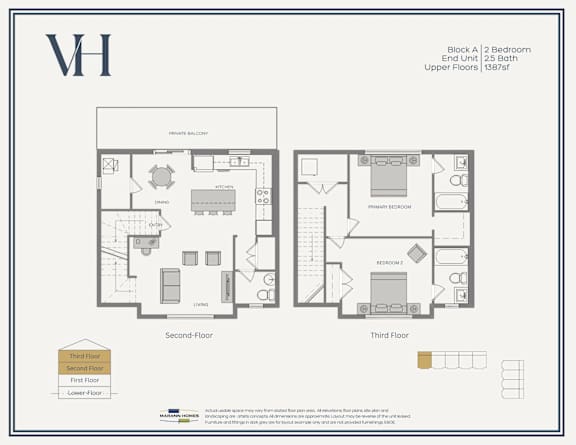 Floor Plan  A floor plan of a residential building with two bedrooms and two bathrooms.