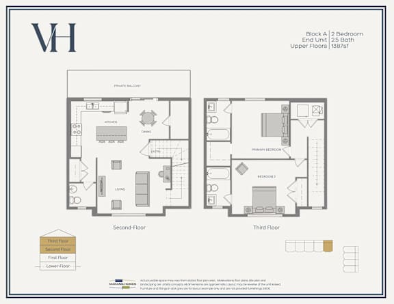 Floor Plan  A floor plan of a VH apartment with two bedrooms and two bathrooms.
