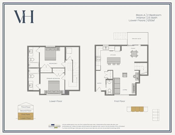 Floor Plan  A floor plan of a VH apartment with two bedrooms and two bathrooms.