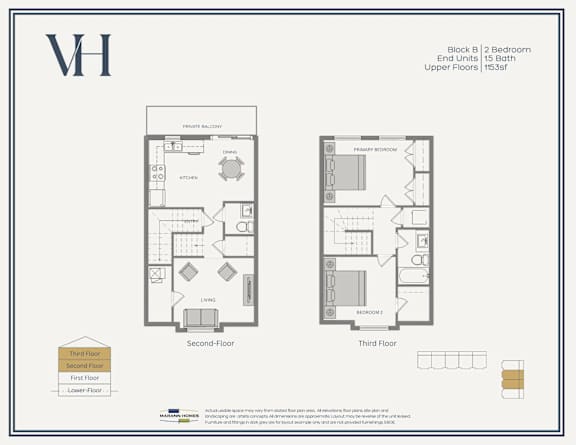 Floor Plan  A floor plan for a VH apartment shows two bedrooms and 15 baths on the upper floors.