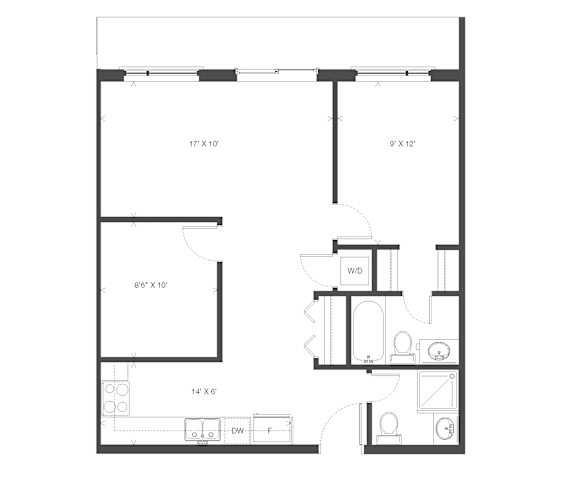 Floor Plan  A floor plan of a house with a living room, dining room, kitchen, and bathrooms.