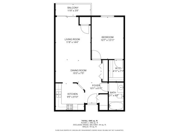 Floor Plan  A black and white image of a floor plan for a one bedroom apartment.