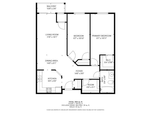 Floor Plan  A floor plan of a home with a living room, dining area, kitchen, and three bedrooms.