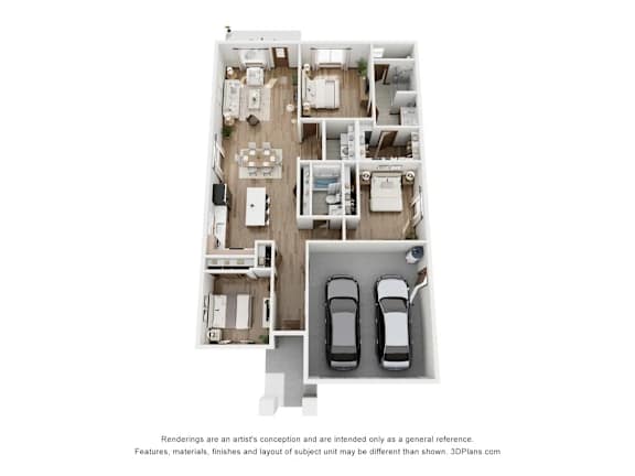 Floor Plan  A 3D floor plan of a house with two bedrooms, a living room, a kitchen, a bathroom, and two parking spaces.