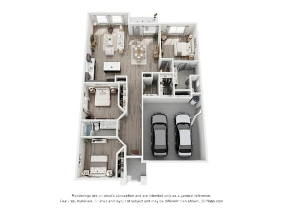 Floor Plan  A 3D floor plan of a house with two bedrooms, a living room, a kitchen, a dining room, and two parking spaces.