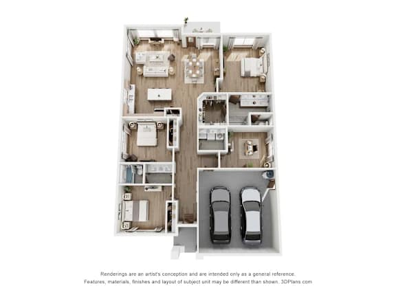 Floor Plan  A 3D floor plan of a house with two bedrooms, a living room, a kitchen, and two parking spaces.