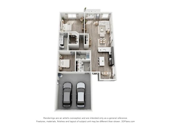 Floor Plan  A 3D floor plan of a house with two cars parked in the garage.