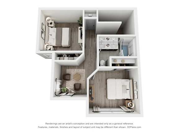 Floor Plan  A 3D floor plan of a small apartment with a kitchen, living room, and bathroom.