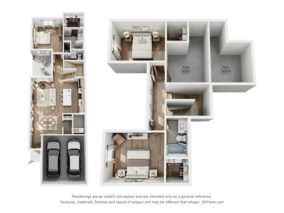 Floor Plan  A diagram showing the layout of an apartment with two bedrooms, two bathrooms, a living room, a kitchen, and a garage.