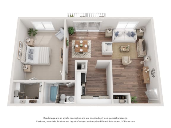 Floor Plan  a 1 bedroom floorplan is shown in this rendering
