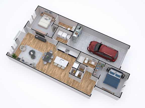 Floor Plan  A top-down view of a house layout with two bedrooms, a living room, a kitchen, a dining area, and a garage.