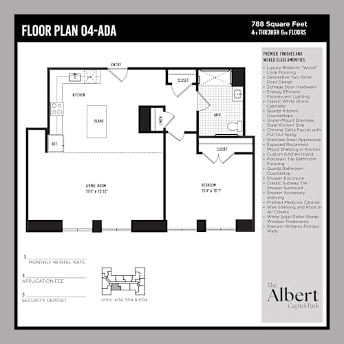 Floor Plan  A floor plan for a 4-bedroom apartment with a living room, kitchen, and bathrooms.