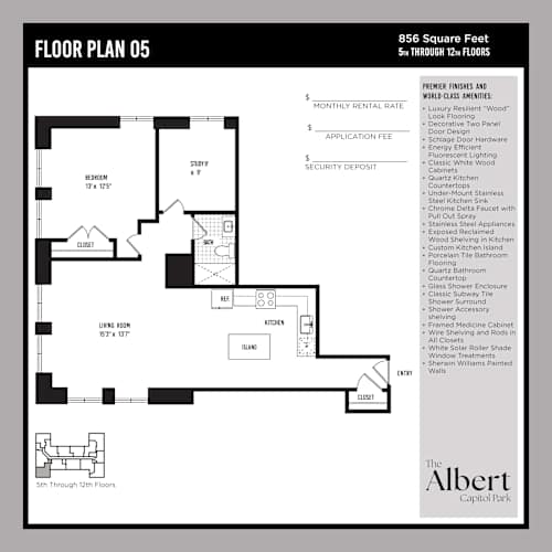 Floor Plan  A floor plan for a 5th through 12th floor building with a list of amenities and fees.