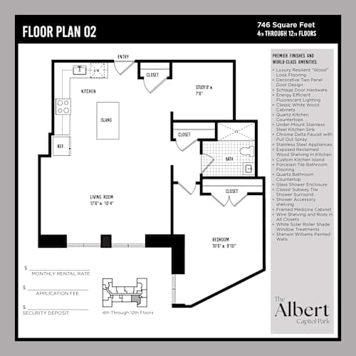 Floor Plan  A floor plan for a 746 square feet apartment with 4th through 12th floors.