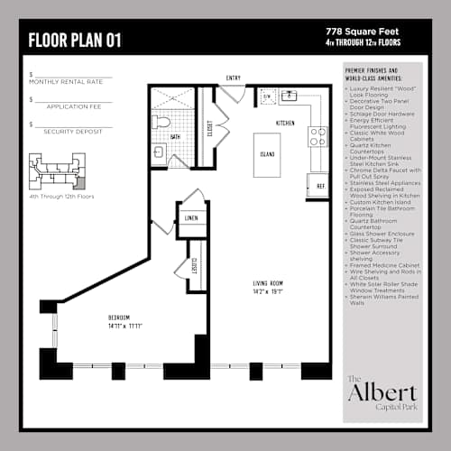 Floor Plan  A floor plan for a 778 square feet apartment with 4th through 12th floors.