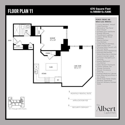 Floor Plan  A floor plan for a 4th through 12th floor apartment at The Albert Capitol Park.