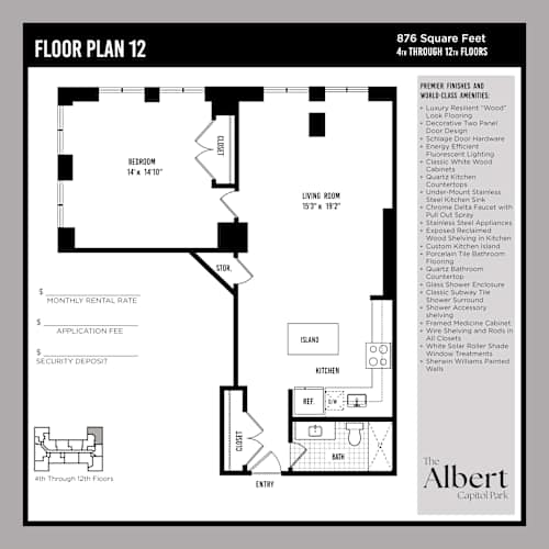 Floor Plan  A floor plan for a 4th through 12th floor building with a living room, kitchen, and bedroom.