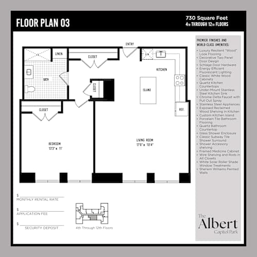 Floor Plan  A floor plan for a 730 square feet apartment with 4th through 12th floors.
