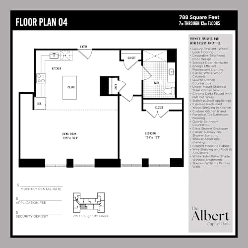 Floor Plan  A floor plan for a 788 square feet apartment with 7th through 12th floors.