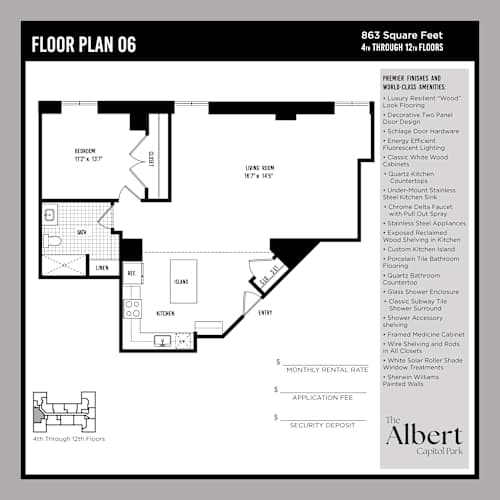 Floor Plan  A floor plan for a 4th through 12th floor building with a list of amenities.