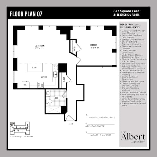 Floor Plan  A floor plan for a 4th through 12th floor apartment at The Albert Capitol Park.