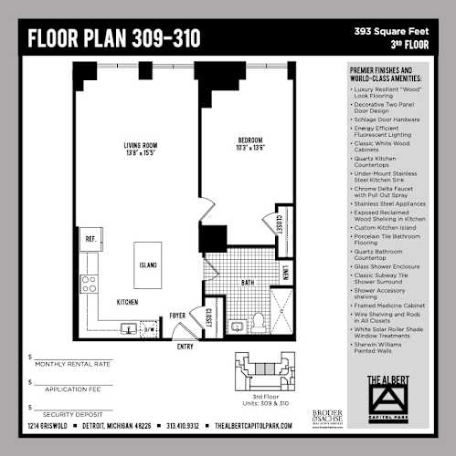 Floor Plan  A black and white image of a floor plan for a 3rd floor apartment in The Albert.