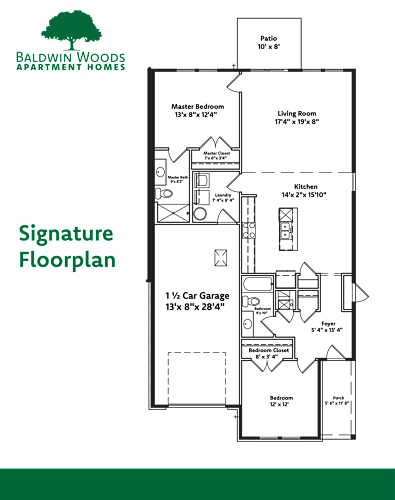 Floor Plan  A floor plan for a Baldwin Woods apartment home.