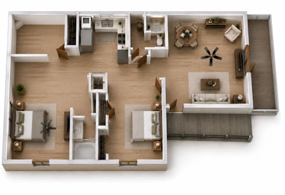 Floor Plan  A top-down view of a house layout with a kitchen, living room, and two bedrooms.
