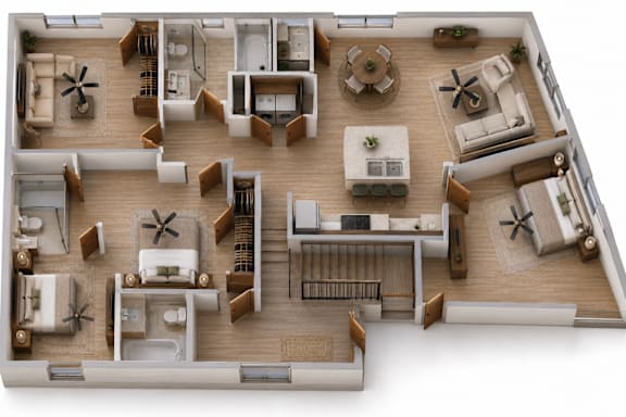 Floor Plan  A 3D layout of a house with various rooms and furniture.