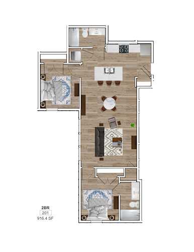 Floor Plan  A floor plan of a house with a living room, dining room, kitchen, and two bedrooms.