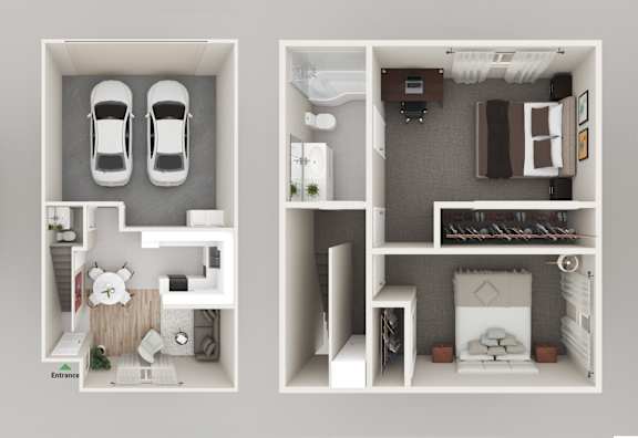 Floor Plan  a 3d rendering of a bedroom with a bathroom and a living room