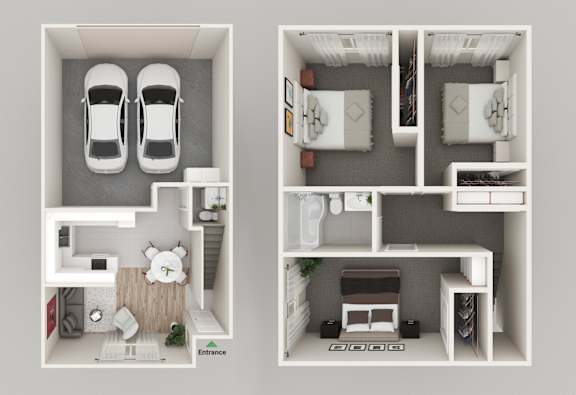 Floor Plan  a 3d rendering of a floor plan with two views of a house and a