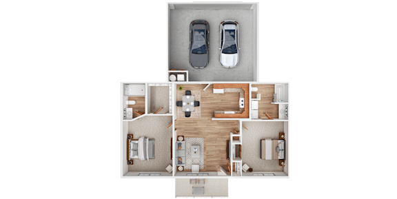 Floor Plan  A top-down view of a house layout with two bedrooms, a living room, a kitchen, and a bathroom.