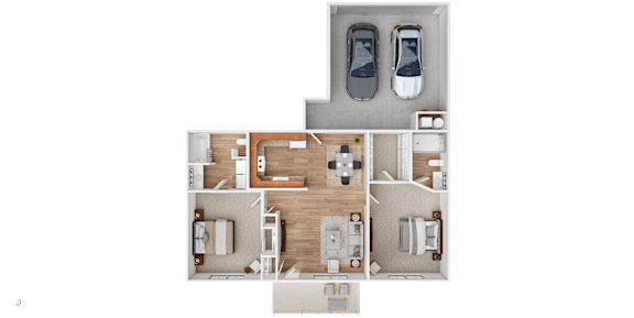 Floor Plan  A top-down view of a house layout with two bedrooms, a living room, a kitchen, and a garage.
