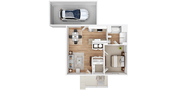 Floor Plan  A top-down view of a house layout with a car parked outside.